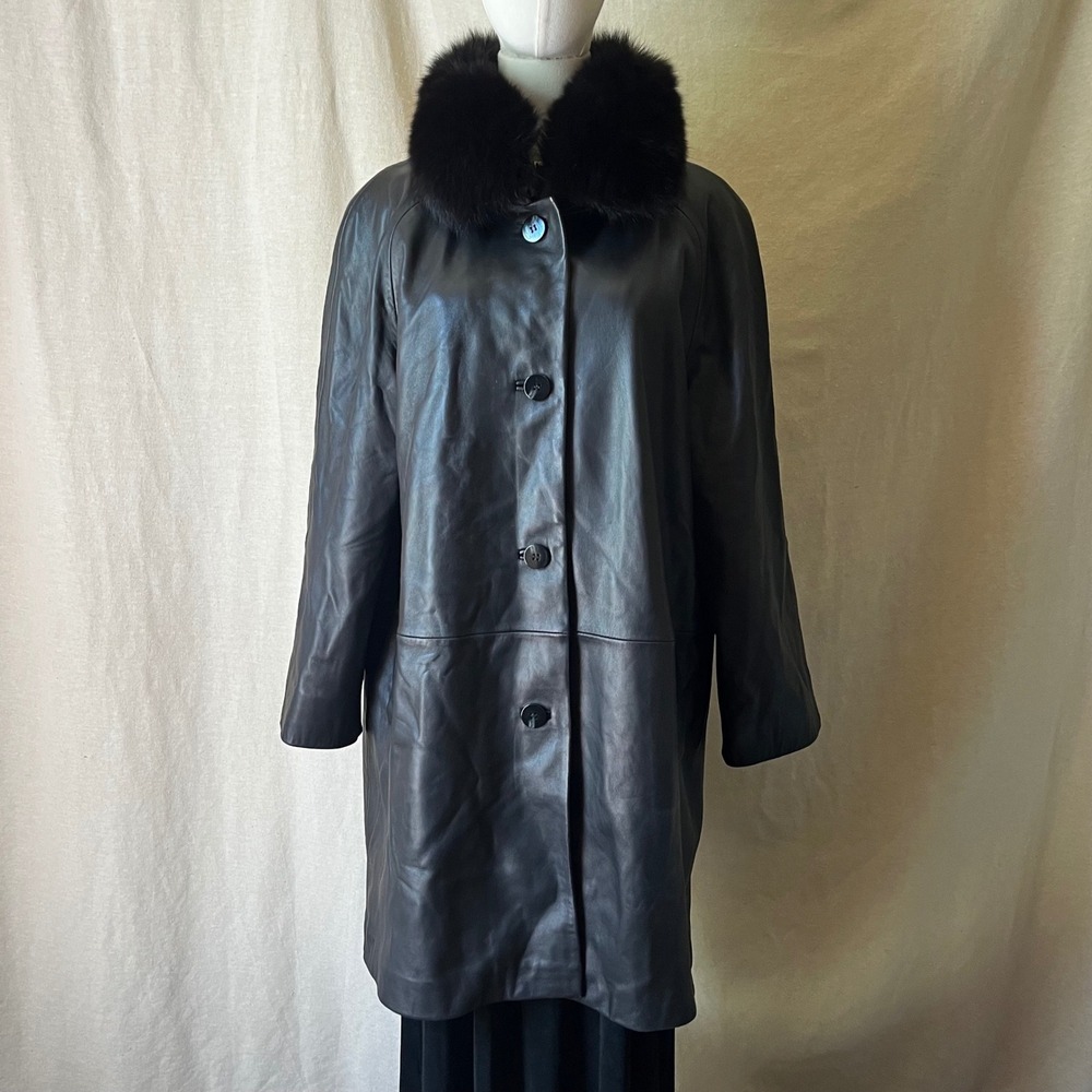 LNR Genuine Leather Coat Blue‎ Fox Fur Collar Women's Coat Black Large